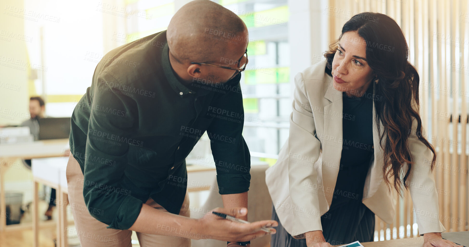 Buy stock photo Discussion, teamwork and people with ideas, office and planning for project, publicist and creative. Talking, collaboration and colleagues with app for research, serious and meeting for press release
