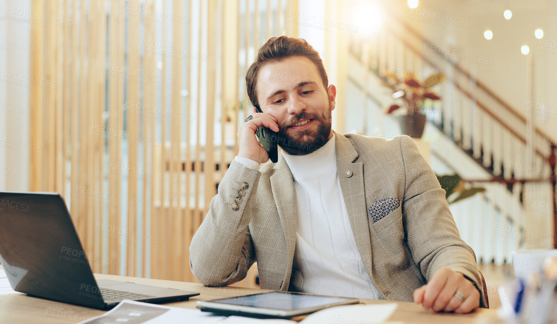 Buy stock photo Office, tablet and businessman with smile for phone call, communication and schedule for meeting. Laptop, male person and consultant with mobile for conversation, networking and digital appointment