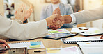 Business people, handshake and applause in office for agreement, new partnership and hiring contract. Company group, clapping and shaking hands at paper for onboarding, investment deal or achievement