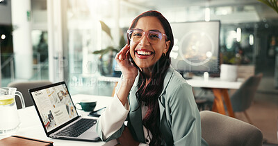 Buy stock photo Portrait, creative and happy business woman in startup for opportunity, ambition or job growth. Face, glasses and professional employee, worker and content marketer at social media agency in Mexico