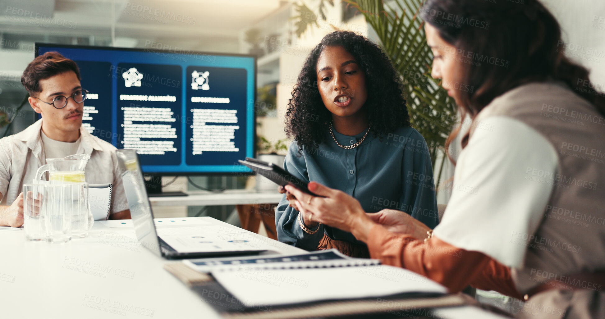 Buy stock photo Collaboration, meeting and tablet with business people in office together for planning or project management. Consulting, laptop and strategy with employee team in agency workplace for discussion