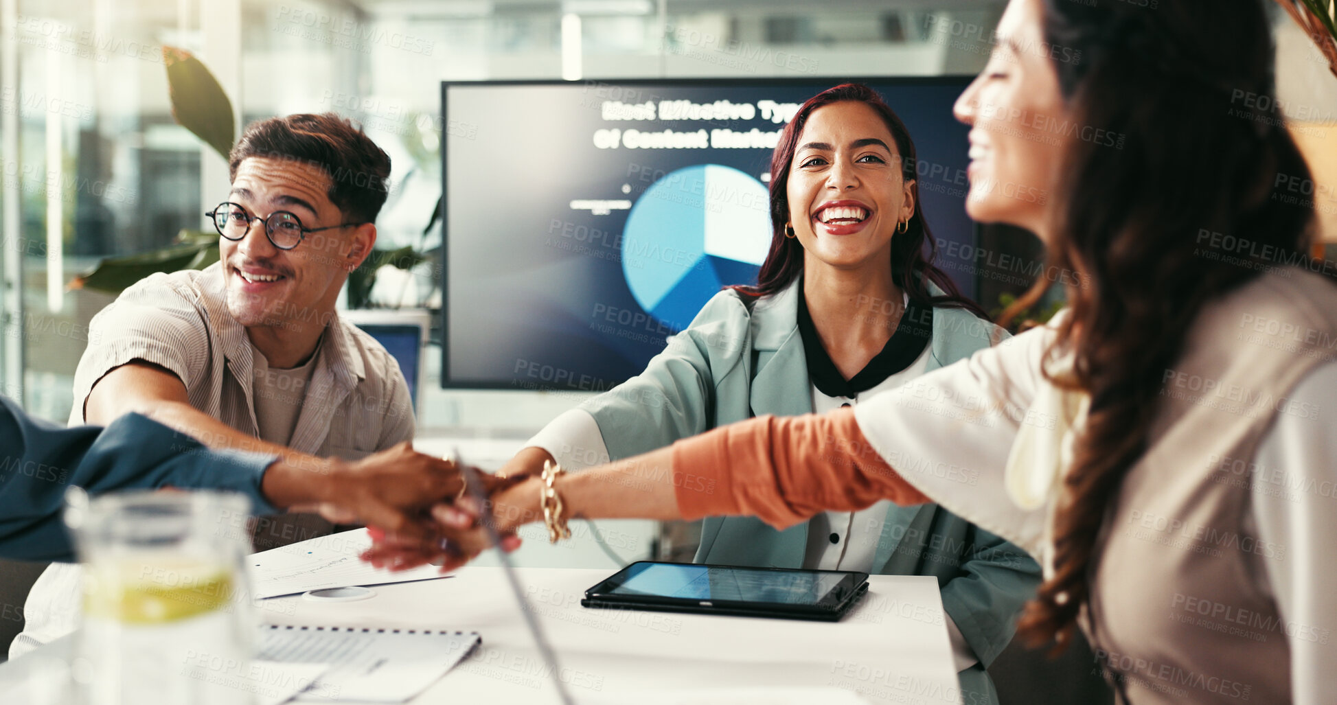 Buy stock photo Collaboration, meeting and success with business people in office together for planning or project management. Documents, hands stack and motivation with employee team in agency workplace for unity