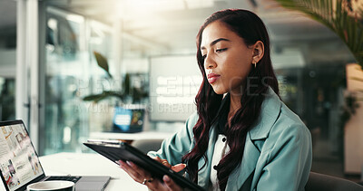 Buy stock photo Serious, creative and woman with tablet, office and research for project on social media and content creator. Online, person and browsing of website for competition analysis, influencer and planning
