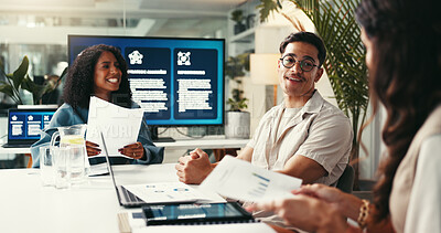 Buy stock photo Collaboration, documents and strategy with business people in office together for planning or project management. Consulting, laptop and meeting with employee team in agency workplace for discussion