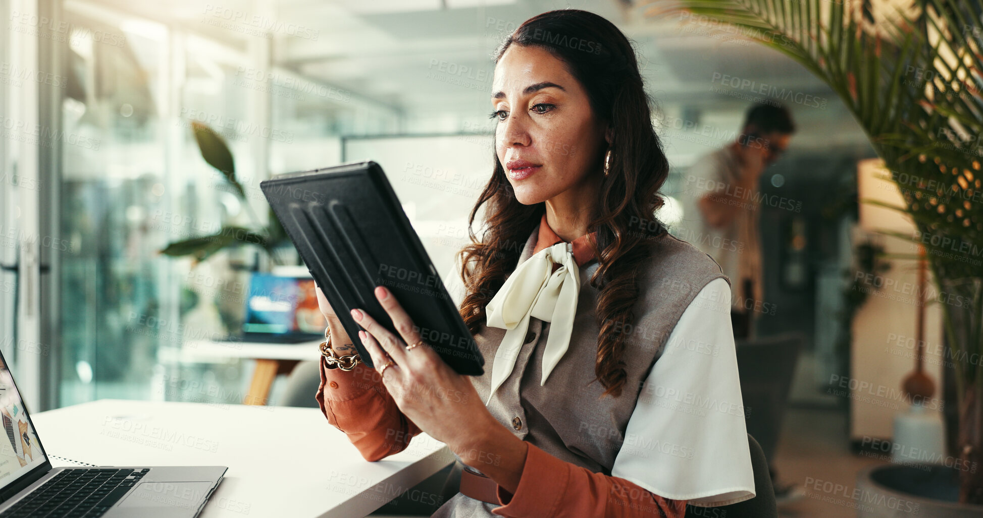 Buy stock photo Woman, tablet and review plan in office, digital article and online for creative journalism. Mature female person, professional column and news website for editing spelling, publishing and working