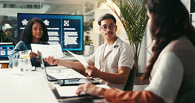 Buy stock photo Documents, meeting and strategy with business people in office together for planning or project management. Collaboration, consulting and laptop with employee team in agency workplace for discussion