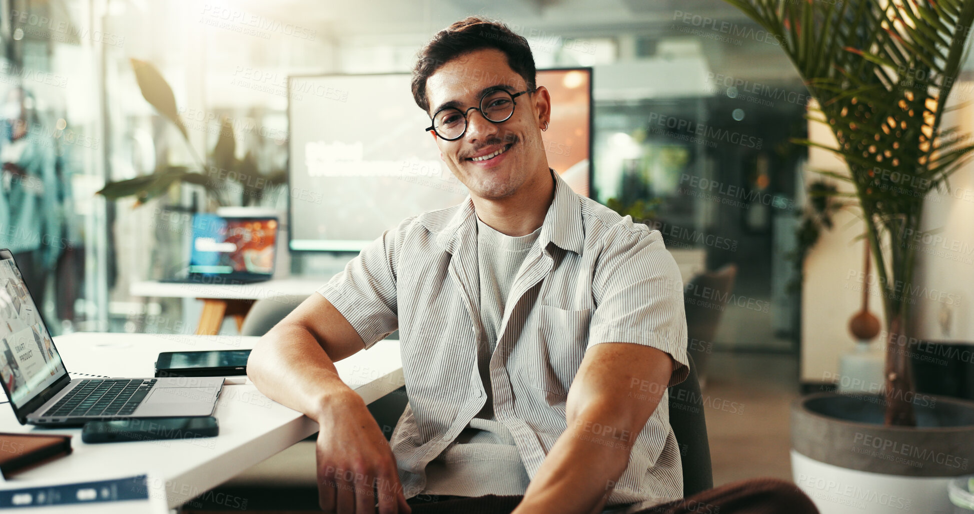 Buy stock photo Portrait, creative and happy business man in startup for opportunity, ambition or job growth. Face, glasses and professional entrepreneur, worker and content marketer at social media agency in Mexico