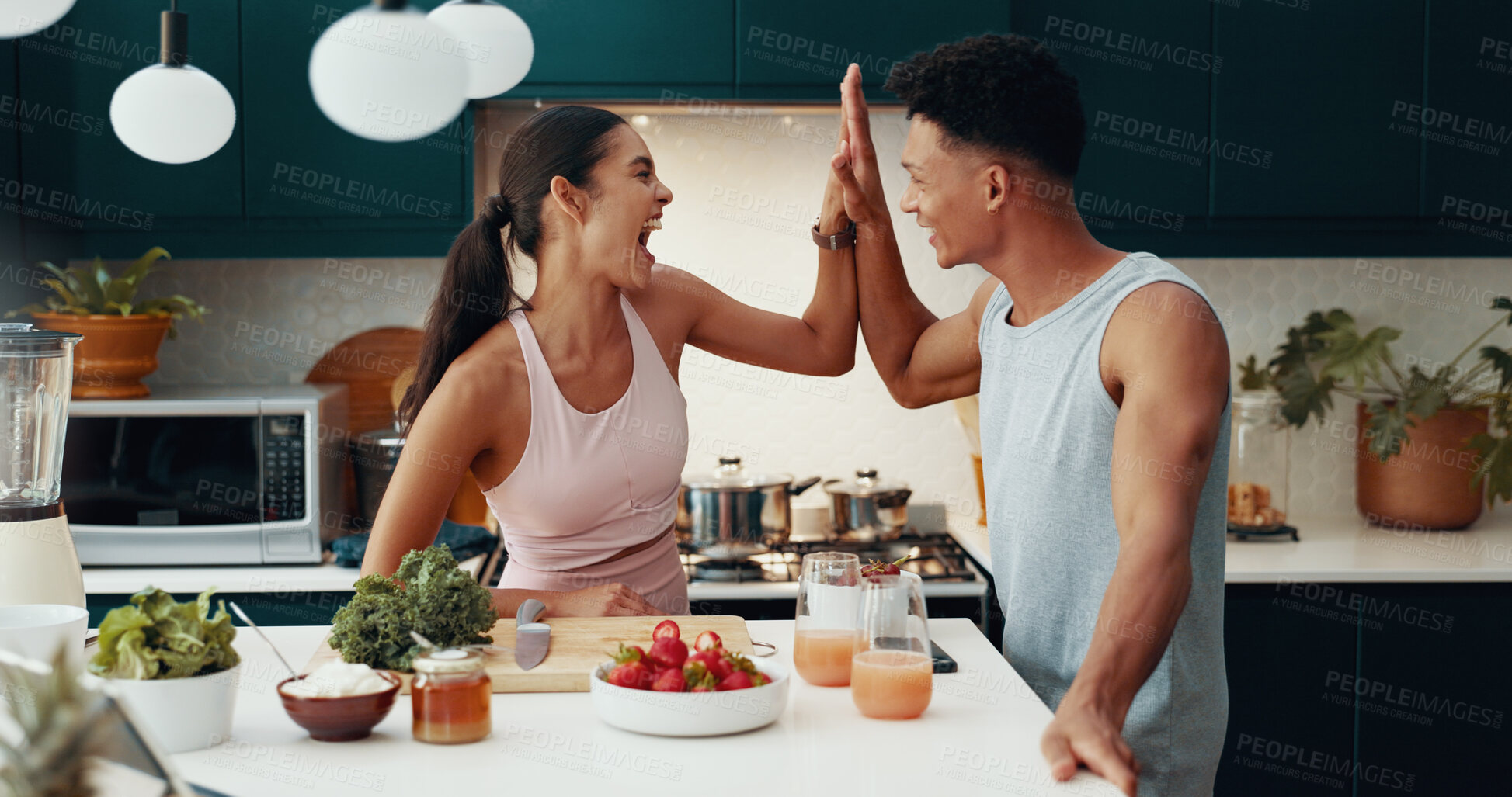 Buy stock photo Kitchen, cooking and happy couple high five for success, fitness goal or food for nutrition. Woman, man and celebration in home together for achievement, healthy diet or excited for wellness target