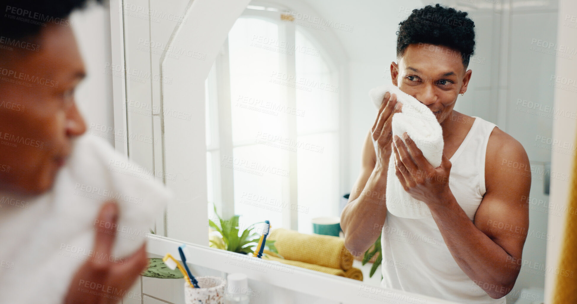 Buy stock photo Man, towel or mirror to check beauty in bathroom with results or face reflection for grooming in morning. Cloth, pat dry or male person in home with facial hygiene, cleaning and skincare at apartment