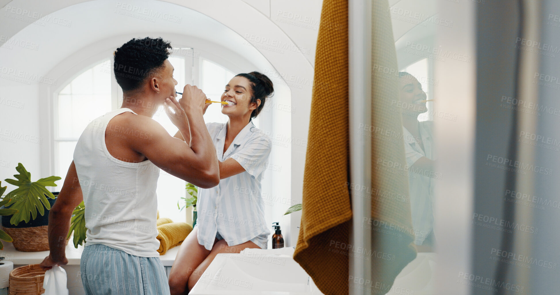 Buy stock photo Brushing teeth, love and morning with couple in bathroom for dental hygiene or oral care. Romance, routine and smile with happy people in home together to prevent cavity or gum disease for health