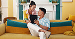 Home, couple and laughing with tablet, online and notification for release of series, smile and lounge. House, browsing and entertainment for people with app, bonding and subscription for movies