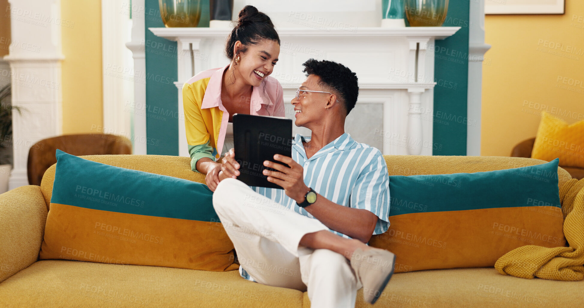 Buy stock photo Home, couple and laughing with tablet, online and notification for release of series, smile and lounge. House, browsing and entertainment for people with app, bonding and subscription for movies