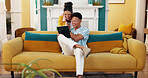 Home, couple and laughing with tablet, comedy and notification for release of series, smile and lounge. House, streaming and entertainment for people with app, bonding and subscription for movies