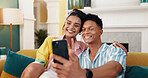 Selfie, couple and bonding in living room, smile and profile picture for memory in home, love and hug. Photography, man and embrace with woman in lounge, online and moment for romance and peace sign