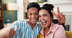 Peace sign, selfie and smile with couple on sofa in living room of home together for bonding or love. Emoji, memories or social media with man and woman hugging in apartment for profile picture