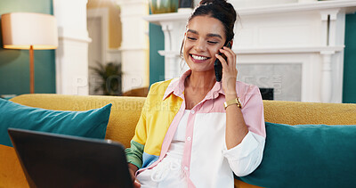 Buy stock photo Woman, laptop and phone call on couch for email, dream job or promotion in living room of home. Smile, achievement and tech with winner person in apartment for social media good news or approval