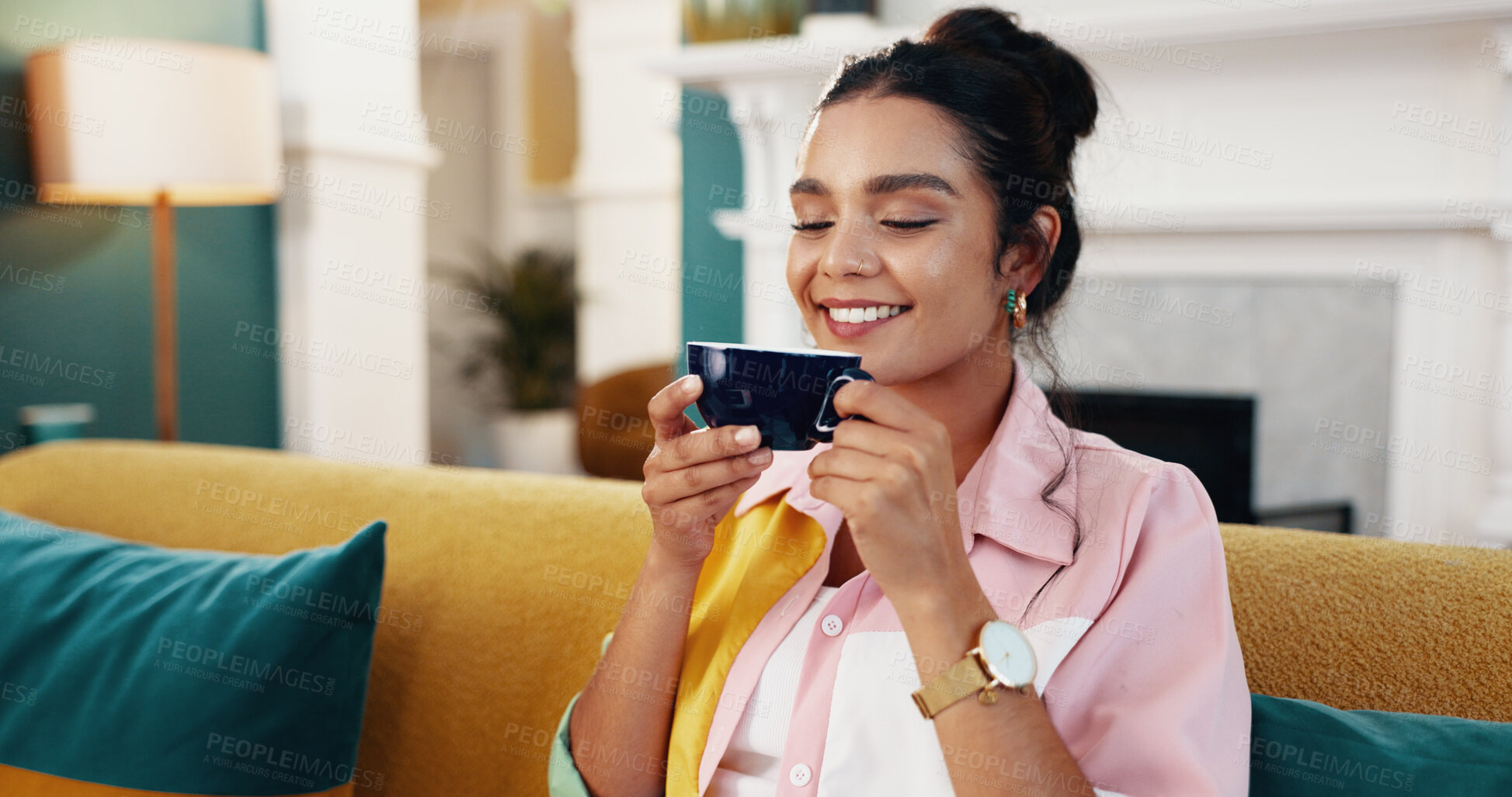 Buy stock photo Woman, cup and tea for peace in home, happiness and drinking cappuccino beverage on couch. Female person, hot chocolate mug and weekend on comfortable sofa, herbal and morning start in apartment