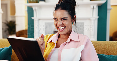 Buy stock photo Woman, fist bump and tablet on sofa for email, dream job or promotion in living room of home. Celebration, achievement and tech with winner person in apartment for social media success or approval