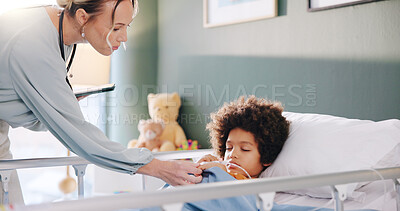 Buy stock photo Hospital, wellness and child in bed with doctor for health, consulting and treatment for rehabilitation. Healthcare, pediatric clinic and woman with boy for medical service, diagnosis and recovery
