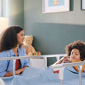 Child, happy mother and support in hospital bed for healthcare ...