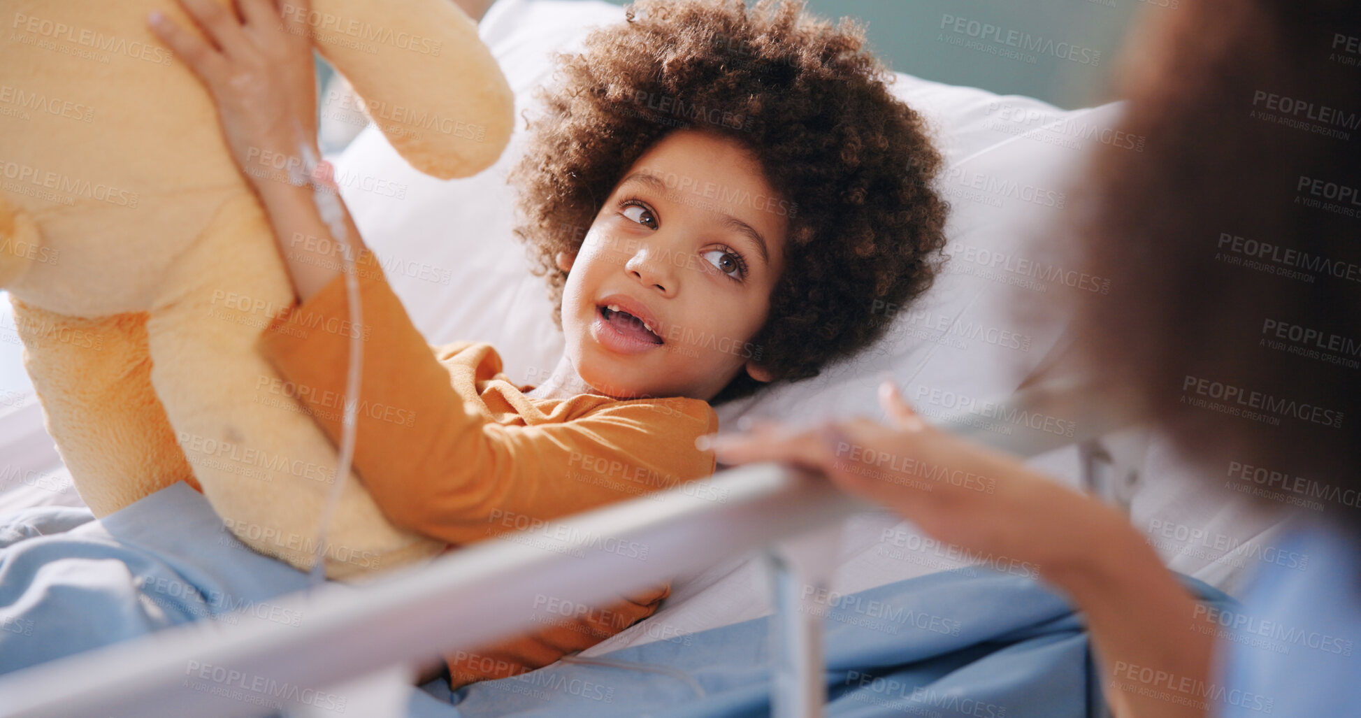 Buy stock photo Child, mother and hands in hospital bed with teddy bear for healthcare, medical support or surgery recovery. Mom, sick kid and patient with toy for playing, talking and healing illness with family