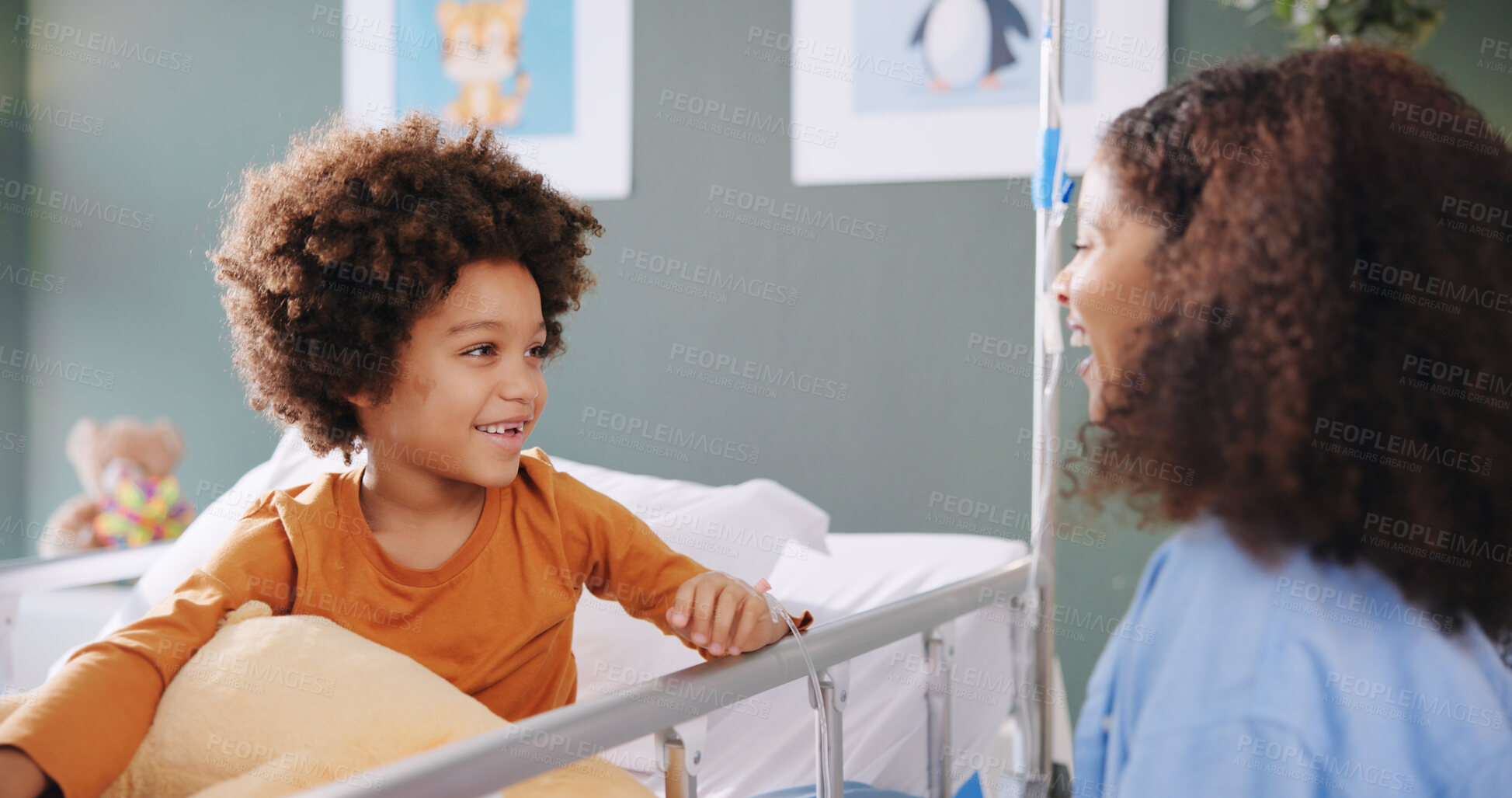 Buy stock photo Child, happy mother and talking in hospital bed for healthcare, wellness or surgery recovery. Mom, sick kid and patient with smile for medical support, playing and African family laughing in clinic