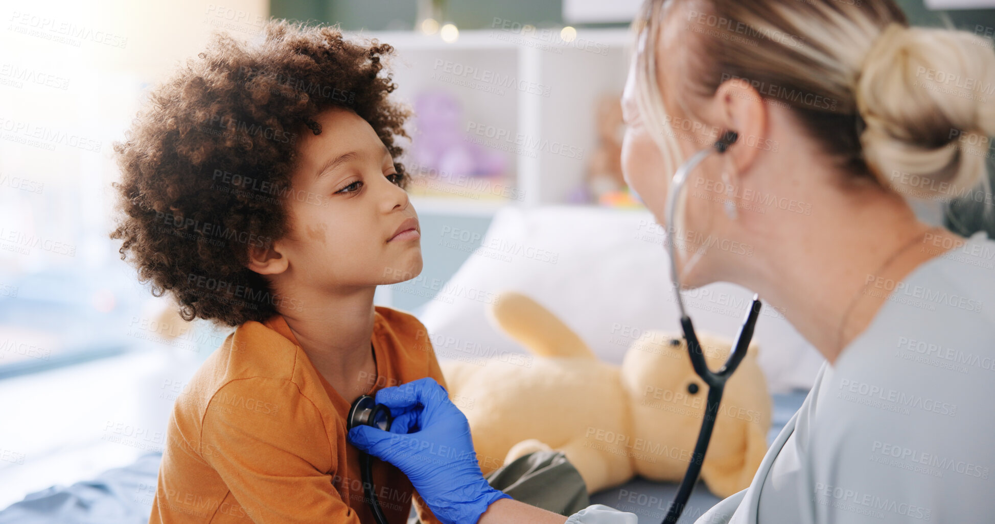 Buy stock photo Kid, doctor and stethoscope for healthcare, heart check up and cardiology in clinic. Pediatrician, lung exam and woman with child for breathing test, consultation and medical assessment for wellness