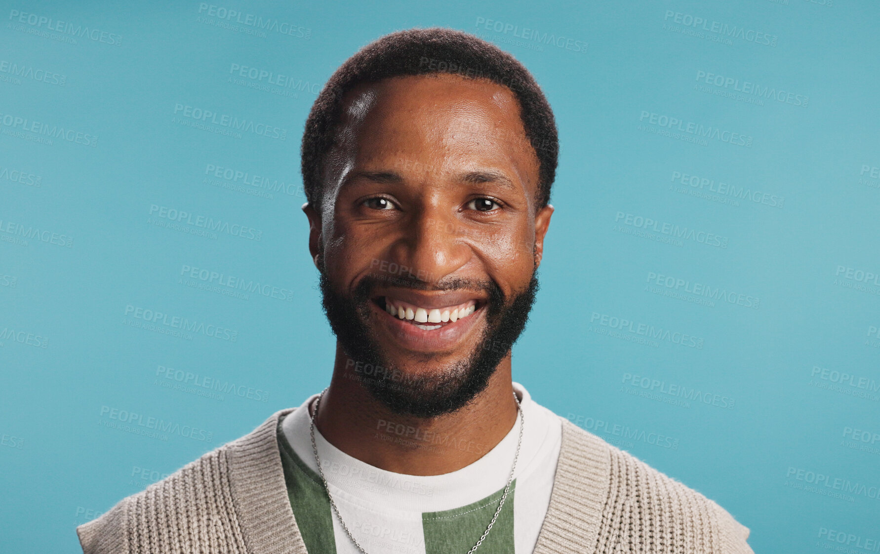Buy stock photo Creative, portrait and man with smile, studio and positive mindset for career growth, happy and business. Blue background, mockup space and black person with confidence, writer or freelancer in Kenya