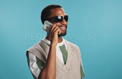Buy stock photo Smile, cash and black man with sunglasses, money and winner on blue studio background. African person, dollars and model with shades, funky eyewear and finance with stock market payment or investment