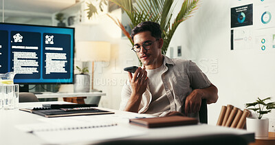 Buy stock photo Phone call, speaker and man in office, talking and voice note for publishing of ebook and serious. Business, writer and negotiation for royalties of manuscript,  smartphone and planning for release