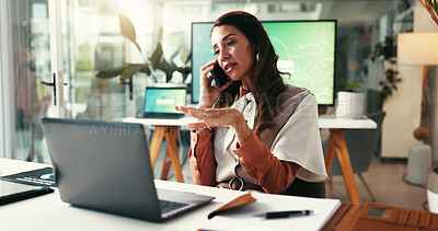 Buy stock photo Phone call, creative and woman in office, discussion and communication for publishing of ebook or serious. Business, writer and negotiation for royalties of manuscript, mobile or planning for release