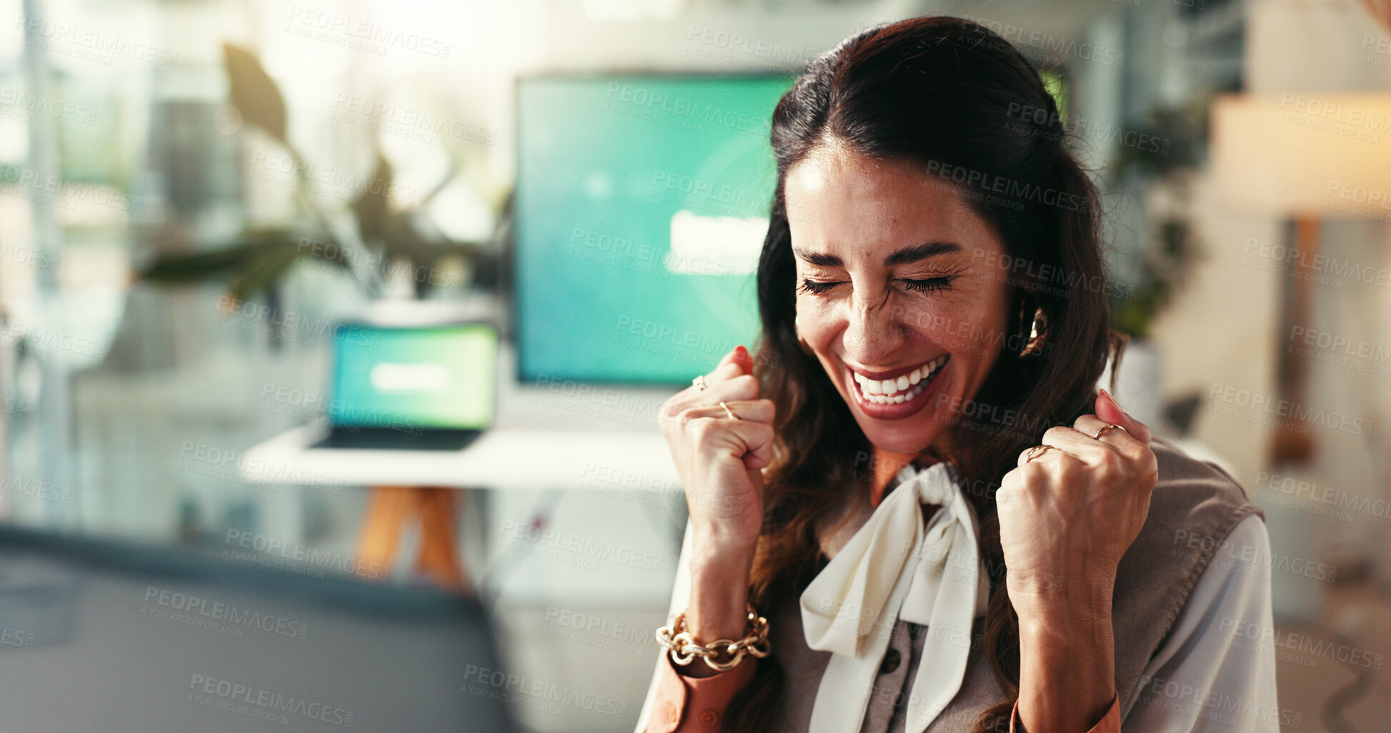 Buy stock photo Office, excited and woman with laptop, celebration or online notification for business success. Wow, yes and happy web consultant at desk with computer, connection and good news at digital agency