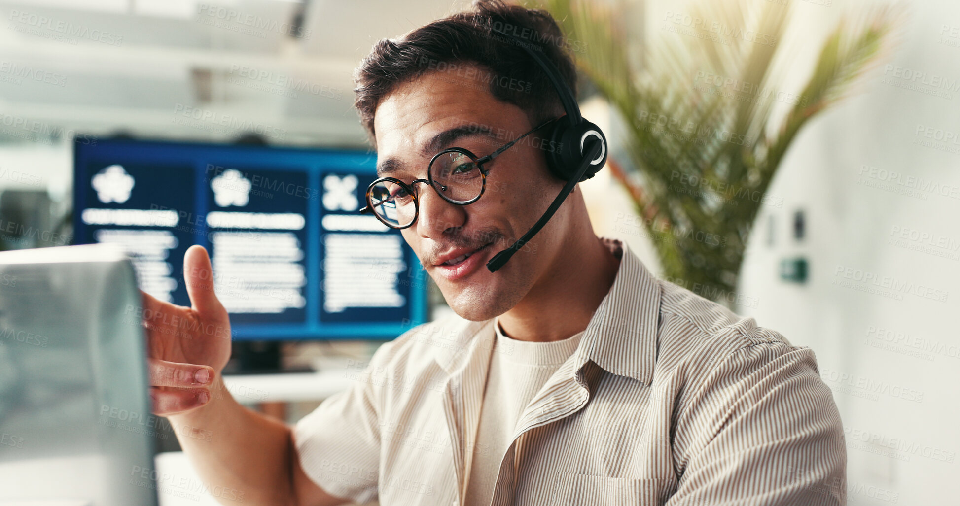 Buy stock photo Consultant, telemarketing and man with customer service, communication and crm with headset. IT person, feedback or agent with call center, professional or tech support for internet administration