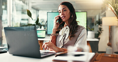 Buy stock photo Phone call, creative and woman in office, negotiation and conversation with contact for budget and talking. Discussion, event planner and planning for booking of venue with laptop, online and person