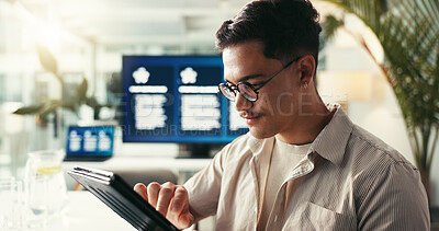 Buy stock photo Research, accounting or businessman on tablet in office for annual report, data analysis or profit. Online, reading or economist in financial agency for revenue audit, trends or investment growth