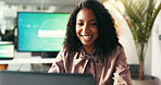 Business, thinking and woman with smile, laptop and ideas with internet, thoughtful and success. Person, web designer and employee in workplace, problem solving or online reading for project or email