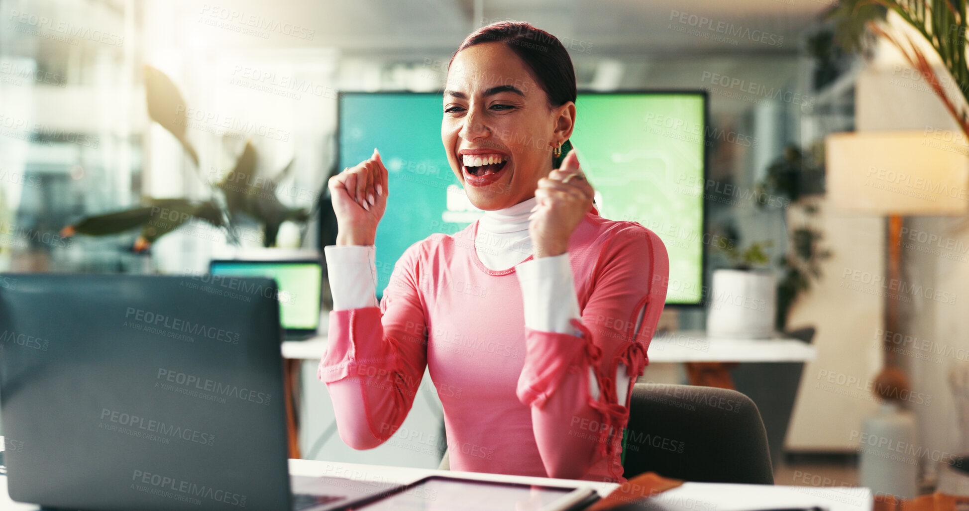 Buy stock photo Office, excited and woman with laptop, good news or online notification for business success. Wow, yes and happy web consultant at desk with computer, connection and celebration at digital agency