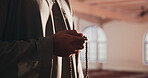 Muslim man, hands and prayer beads in mosque for religion, faith and worship Allah on Ramadan. Islam, holy and person with tasbih in spiritual temple for peace, hope and praise for remembrance on Eid