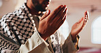 Muslim man, hands and prayer in mosque for religion, faith and worship Allah on Ramadan. Islam, holy and person with open palms in spiritual temple for peace, hope and praise for devotion on Eid