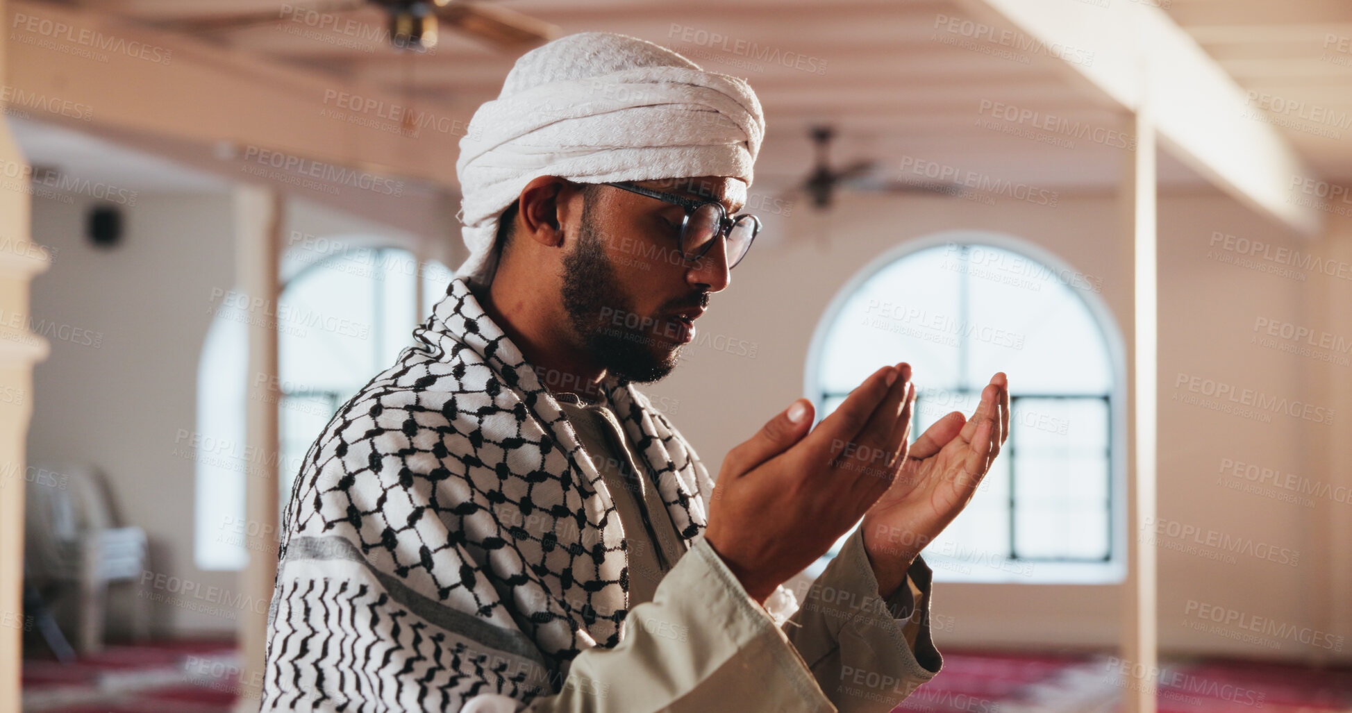 Buy stock photo Religion, Muslim and man in Mosque for prayer, worship and faith in religious building. Spiritual, Allah and person with hands for Ramadan Kareem, praying and Islamic belief in Saudi Arabia temple