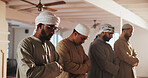 Religion, praying and Muslim men in Mosque for worship, blessing and faith in religious building. Spiritual, Allah and people for Ramadan Kareem, culture and Islamic belief in Saudi Arabia temple