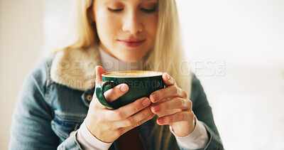 Buy stock photo Coffee, morning and scent with woman in home for fresh caffeine beverage in cup to start day. Aroma, drink and smelling with happy person at apartment for warm cappuccino, cocoa or latte in mug