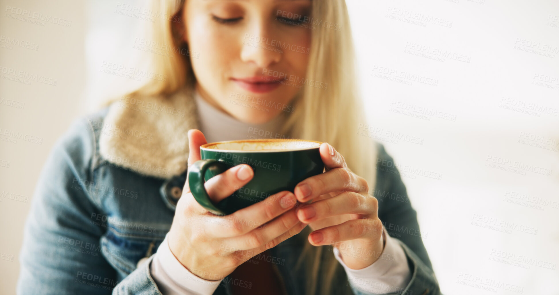 Buy stock photo Coffee, morning and scent with woman in home for fresh caffeine beverage in cup to start day. Aroma, drink and smelling with happy person at apartment for warm cappuccino, cocoa or latte in mug