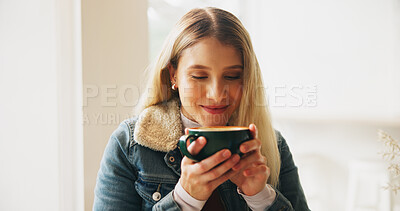 Buy stock photo Aroma, coffee and smile with woman in home for fresh caffeine beverage in cup to start day. Drink, morning and scent with happy person at apartment for warm cappuccino, cocoa or latte in mug