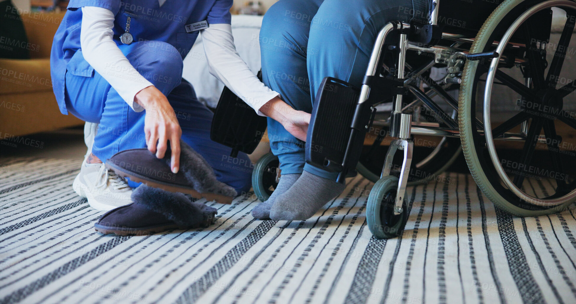 Buy stock photo Hands, nurse or shoes with wheelchair for assisted living, support or elderly care at retirement or old age home. Closeup, caregiver or volunteer helping person with a disability for mobility or walk