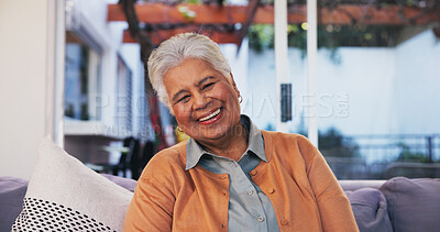 Buy stock photo Senior, woman and happy in portrait on sofa for relax, comfortable and peaceful in retirement. Female pensioner, smile and break on couch in home with confidence, wellness and security in living room