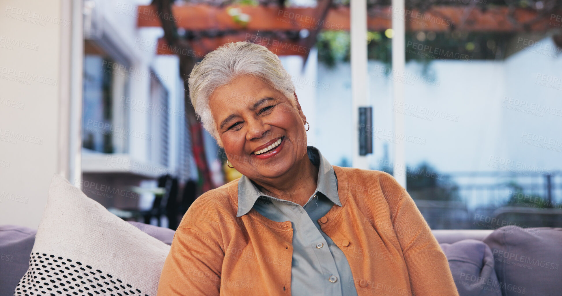 Buy stock photo Senior, woman and happy in portrait on sofa for relax, comfortable and peaceful in retirement. Female pensioner, smile and break on couch in home with confidence, wellness and security in living room