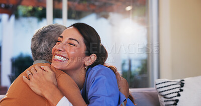 Buy stock photo Senior woman, nurse and hug on sofa of healthcare support, medical services and good news of wellness. Smile, patient and volunteer with embrace for recovery progress, gratitude and treatment success