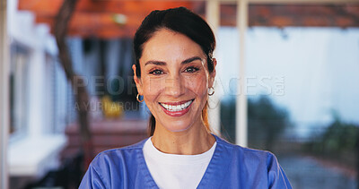 Buy stock photo Healthcare, woman caregiver and portrait outdoor at retirement home for medical assistance or health support. Homecare, mature nurse or happy for patient treatment, rehabilitation or clinical service