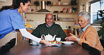 Elderly couple, caregiver and happy in home with breakfast, service and assisted living. Senior man, wife and woman nurse in dining room for morning routine, nutrition or healthy eating in retirement